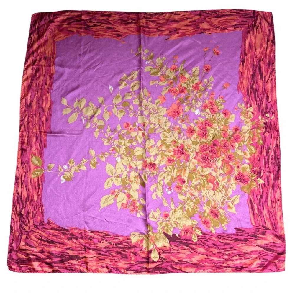 Vibrant Floral Silk Scarf Women Pink Orange Purple‎ Abstract Border